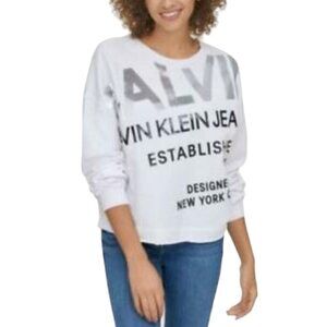 Calvin Klein Y2K Sequin SpellOut Raw Hem Long Sleeve Crop Top Size XS